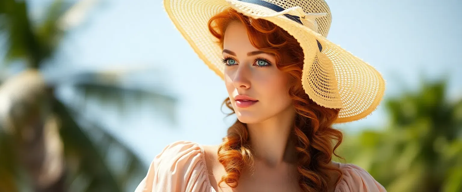 Mid-20s woman with sun-kissed skin, curly auburn hair, and sea-green eyes, wearing a flowing sundress and a wide-brimmed hat.