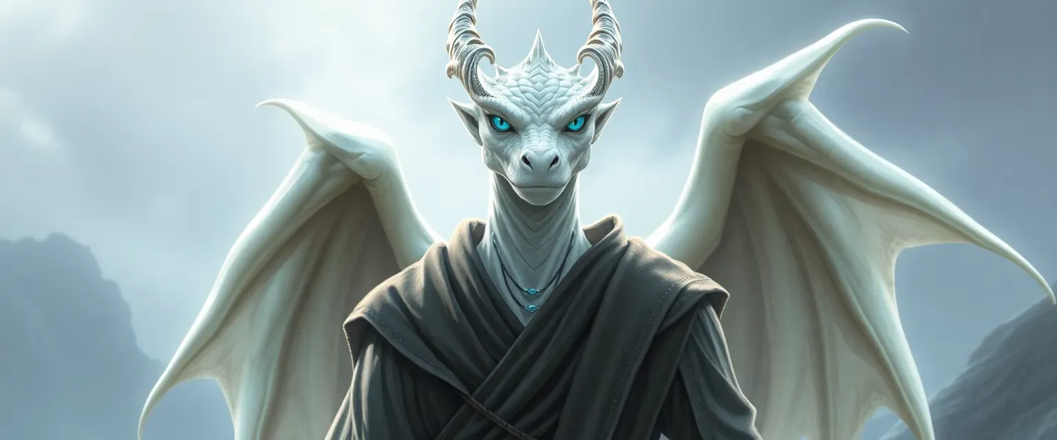 Tall white dragonborn with azure eyes, wearing simple monastic robes, exuding a silent strength.