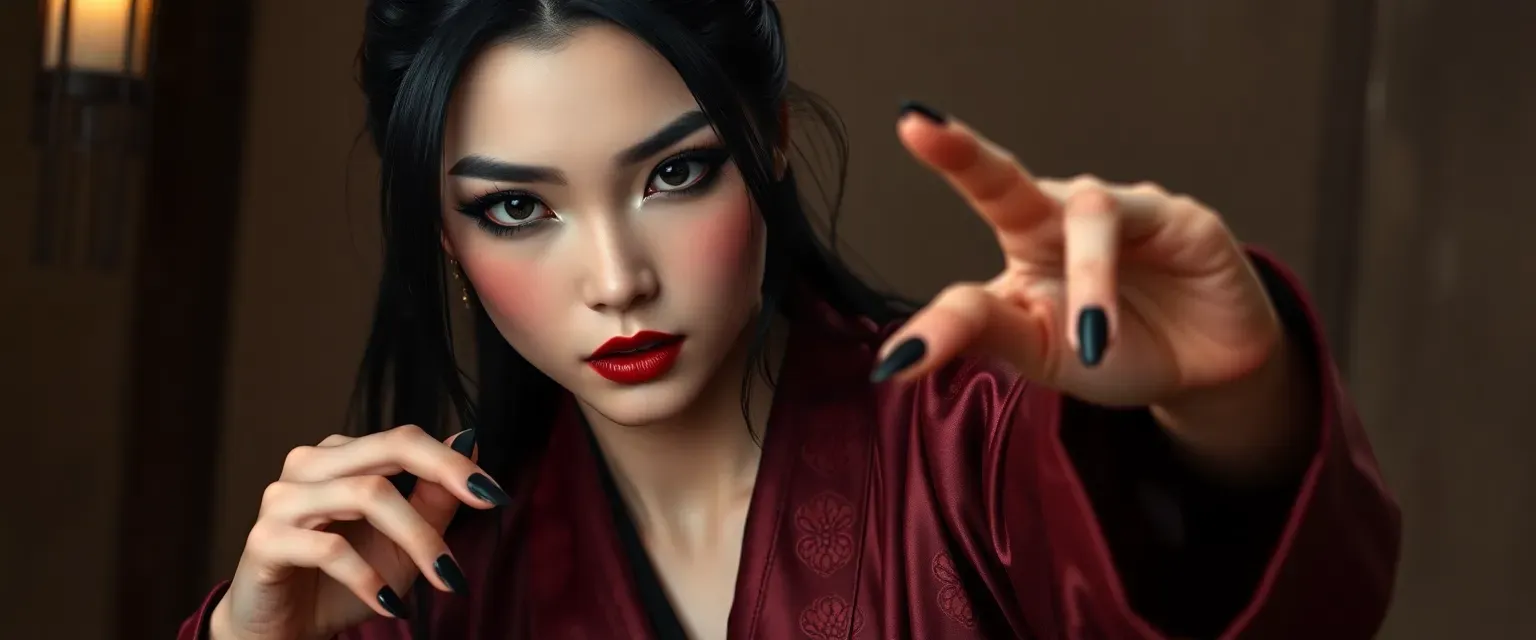 18-year-old Japanese concubine, short, tiny frame, long black hair, pale skin, dark silk kimono, dark makeup, black lipstick and nails.