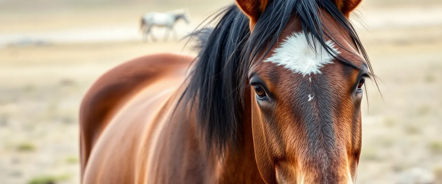 Chestnut and black mule mare with a jagged scar, soulful brown eyes, roaming the Southern Badlands.