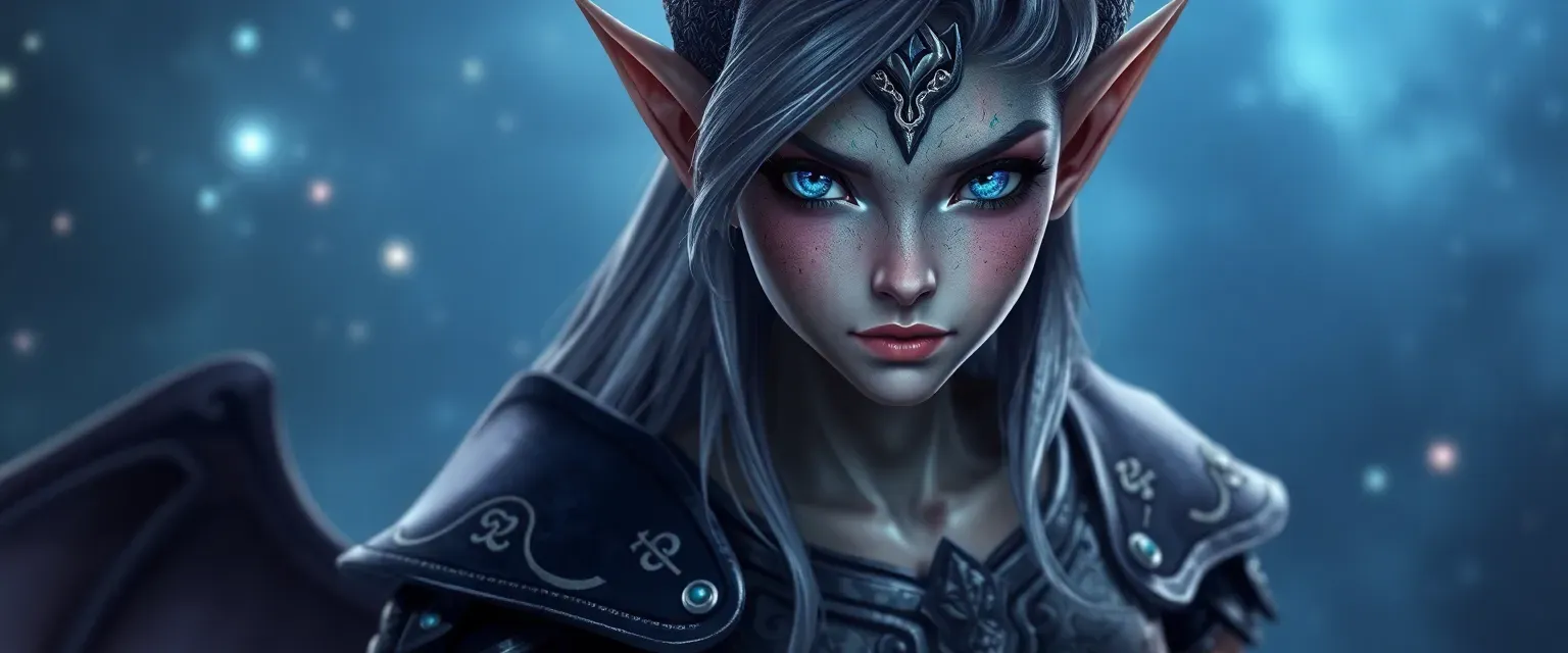 Dragon-elf hybrid with galaxy eyes, ombre hair like night sky, silver symbols on skin, medieval tunic with armor.