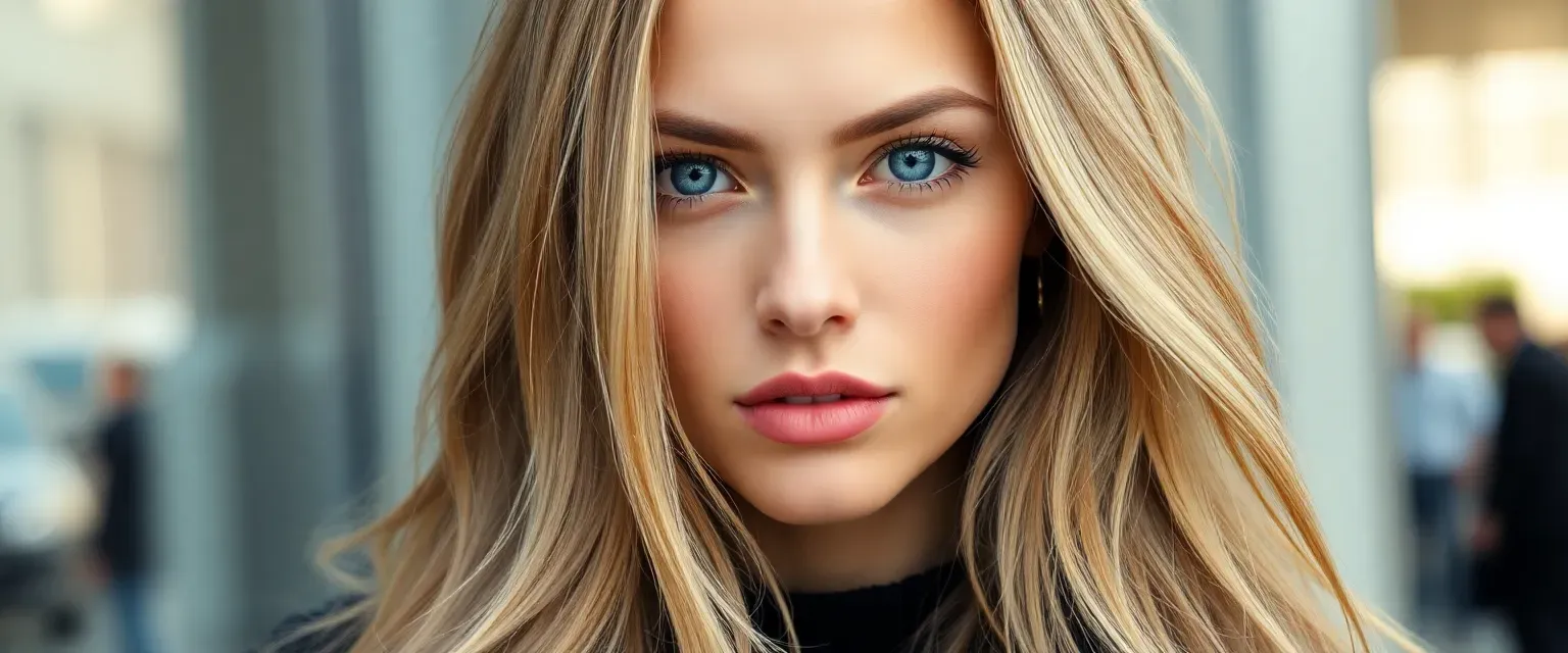23-year-old woman with long golden hair, piercing blue eyes, wearing high-end fashion, soft lisp.