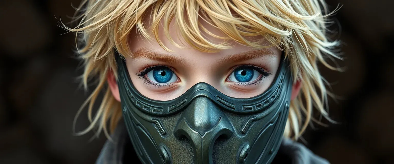 13-year-old boy with blue eyes and blonde hair, wearing an ancient mask.