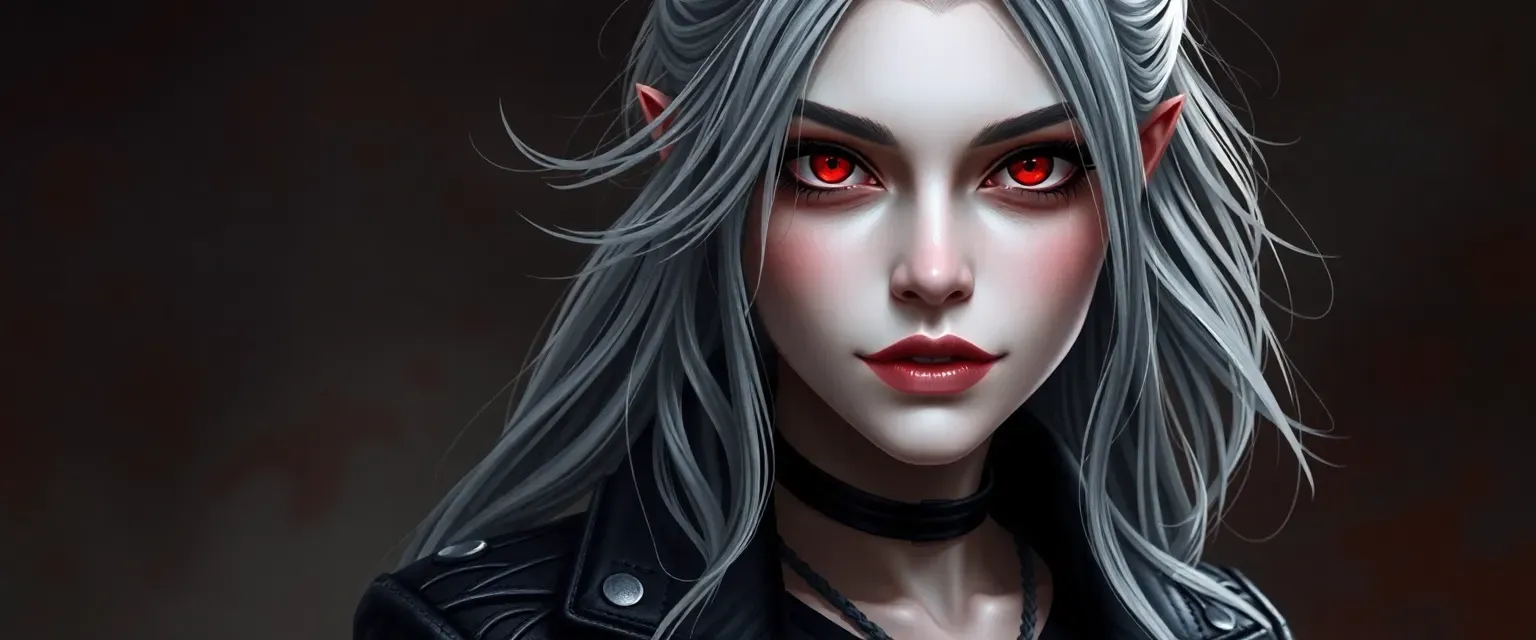 28-year-old female vampire with pale skin, crimson eyes, and silver-black hair, wearing a leather jacket and gothic dress.
