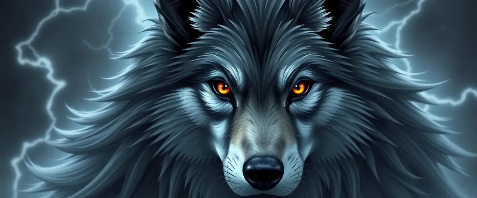 She-wolf with a coat of grays and blacks, striking orange-yellow eyes, embodying the storm she's named after.