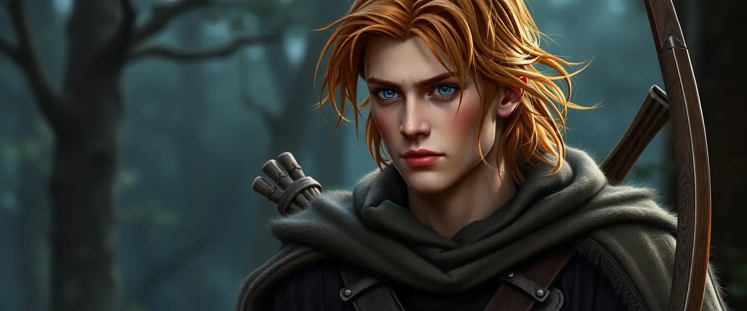 Tall, lean ranger with chestnut hair and stormy blue eyes, wearing a worn leather tunic and forest cloak, carrying a yew bow.