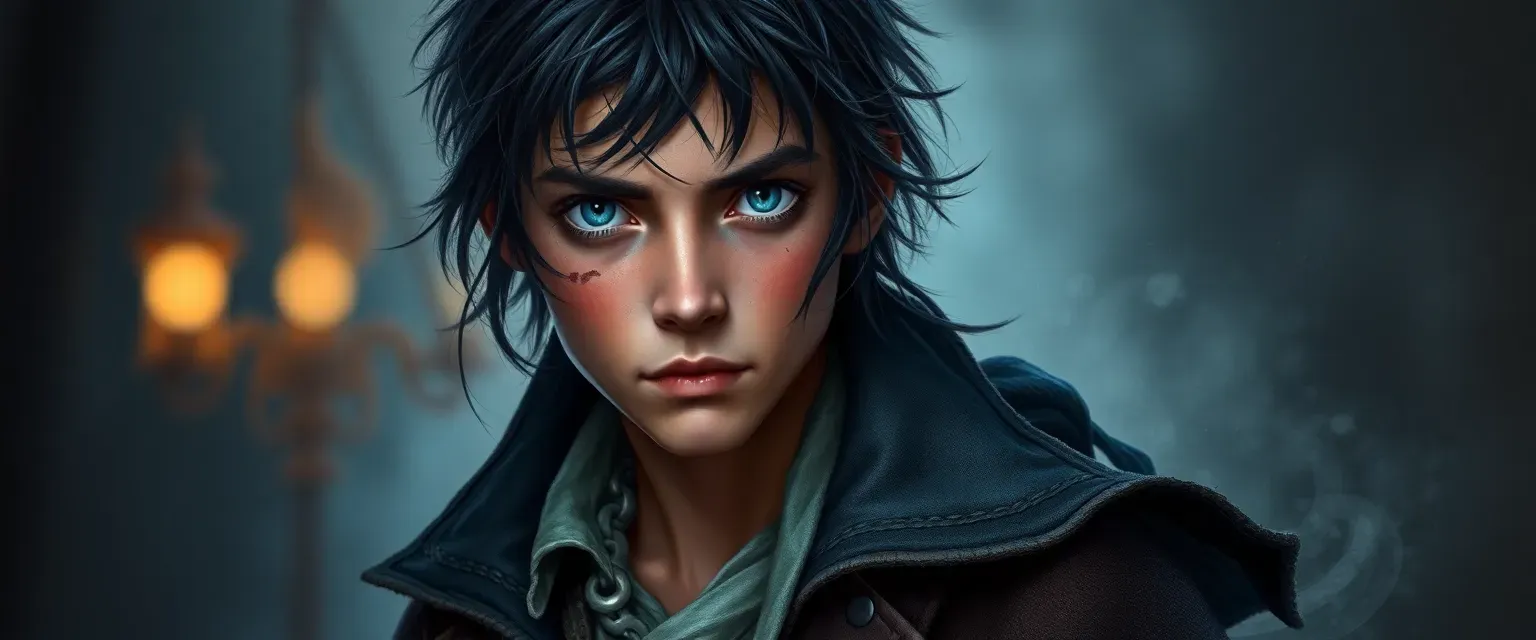 Young pirate with dark hair, blue eyes, and a scar on his cheek, wearing a tattered coat.