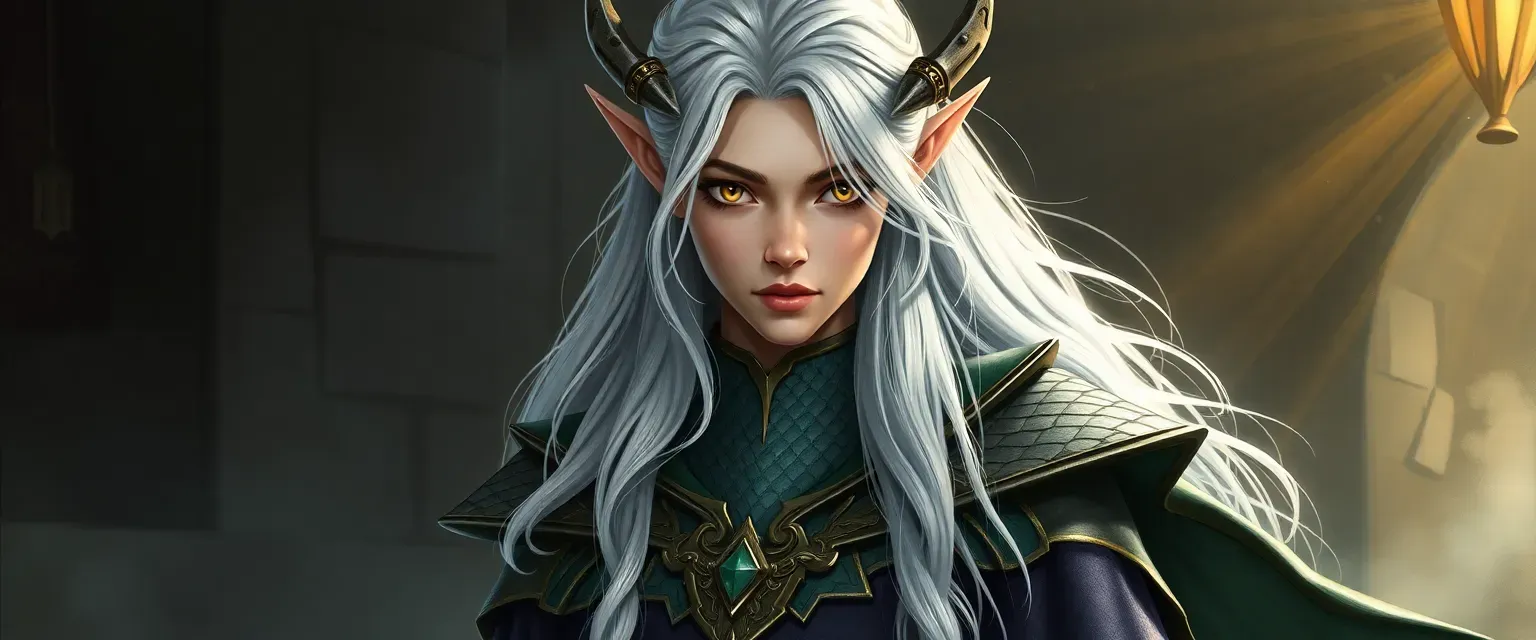 High Elf noble, 915 years old, 5'8", silver hair, gold eyes, fair skin, Draconic Sorcerer, elegant robes with scale patterns.