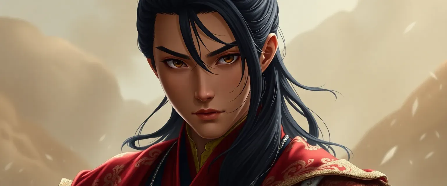 23-year-old Emperor Jun of Japan, with long black hair and piercing brown eyes, wearing traditional imperial robes.