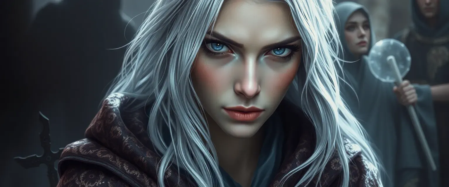 Silver-haired mage with weary eyes, wearing shimmering robes, exudes a haunting beauty and deep loneliness.