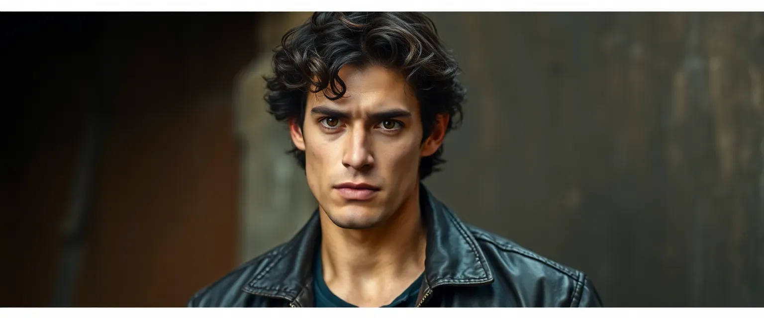 Early 30s man, lean, dark curly hair, intense eyes, wearing dark jeans and a worn leather jacket.