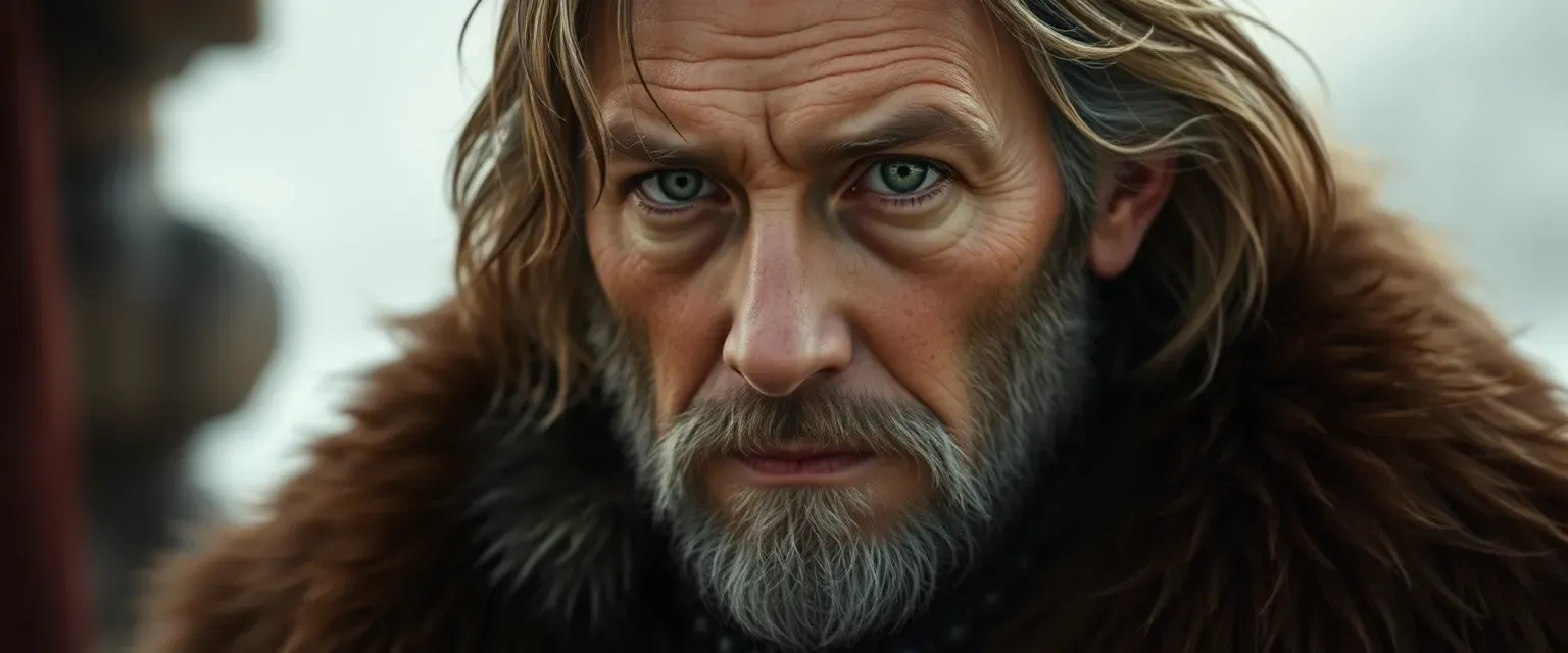 Late 40s man with weathered face, green eyes, gray-streaked brown hair, wearing otter fur cloak and adorned necklace.