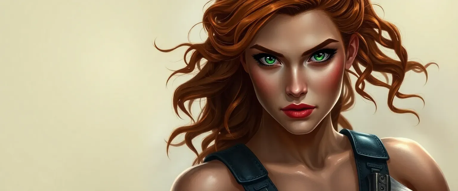 A muscular woman in her late twenties with chestnut curls and piercing green eyes, dressed in durable leathers.