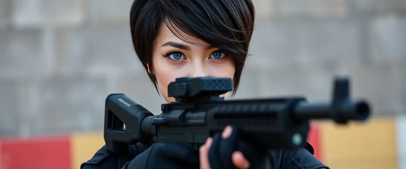 23-year-old female, 5'10", stunning Ulzzang beauty, fit, blue almond eyes, short dark silky hair, fair radiant skin, pink lips, in black tactical gear.
