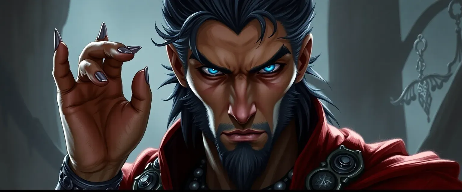 Tall, muscular werewolf prince with dark hair and piercing blue eyes, dressed in rich, dark fabrics.