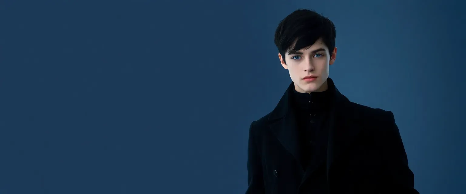 16-year-old Dorian, tall with black hair and blue eyes, dressed in a tailored black coat and boots, exudes charm and arrogance.