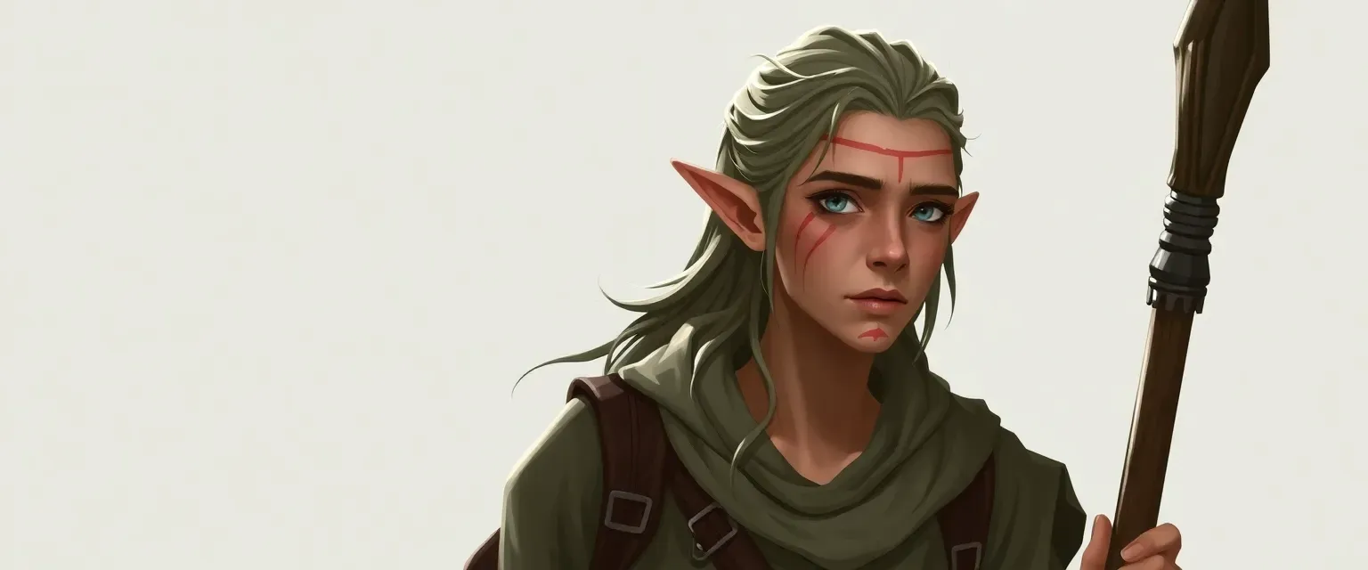 Pale half-elf with a facial scar, wearing simple traveler's clothes, carrying a staff.