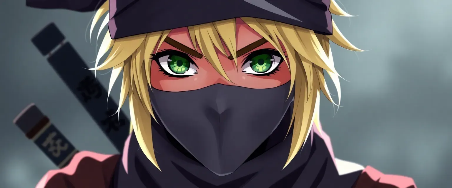 Young ninja with yellowish-white hair and green eyes, dressed in traditional ninja attire.