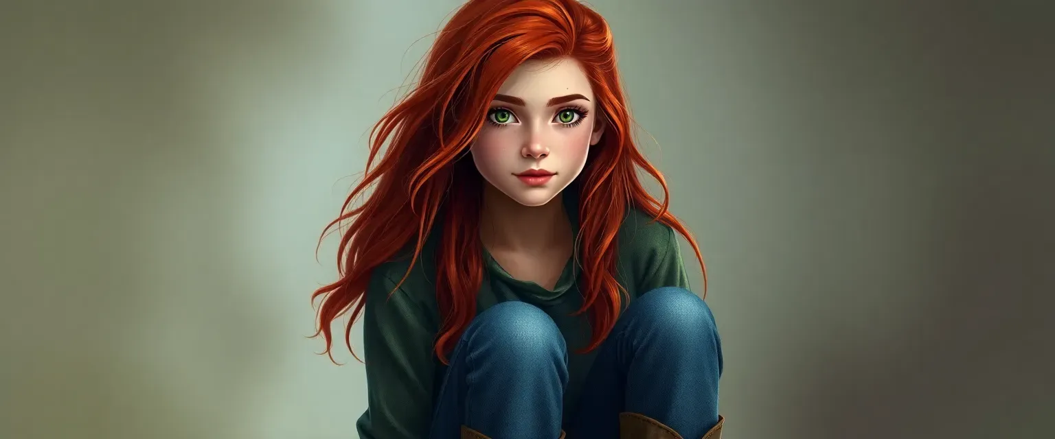 13-year-old girl with fiery red hair, green eyes, wearing rugged jeans and boots, tomboyish.