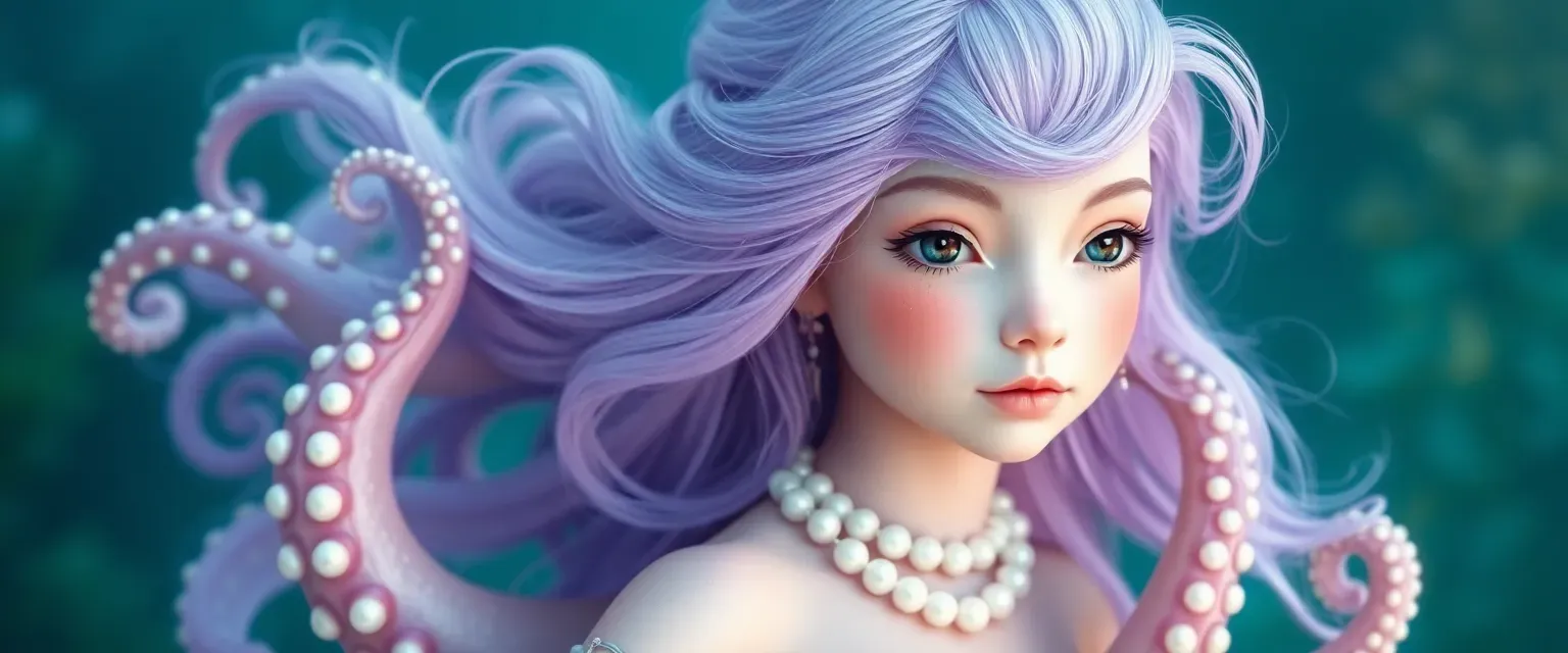 Octopus mermaid with light purple hair, wearing pearls and jewelry, youthful and ethereal.