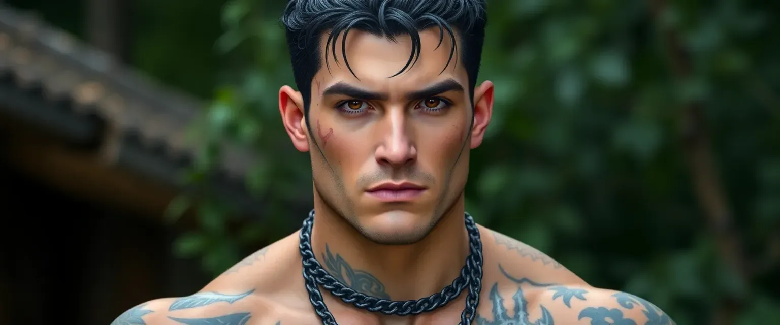 Tall, muscular man with black hair and dark brown eyes, 31 years old, adorned with scars and tattoos.