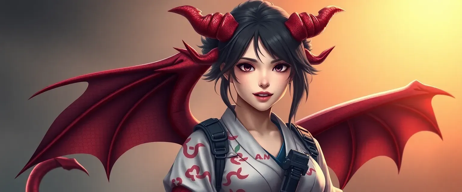 Young woman with dragon wings, tail, horns, and fangs, dressed in a kimono and tactical gear.