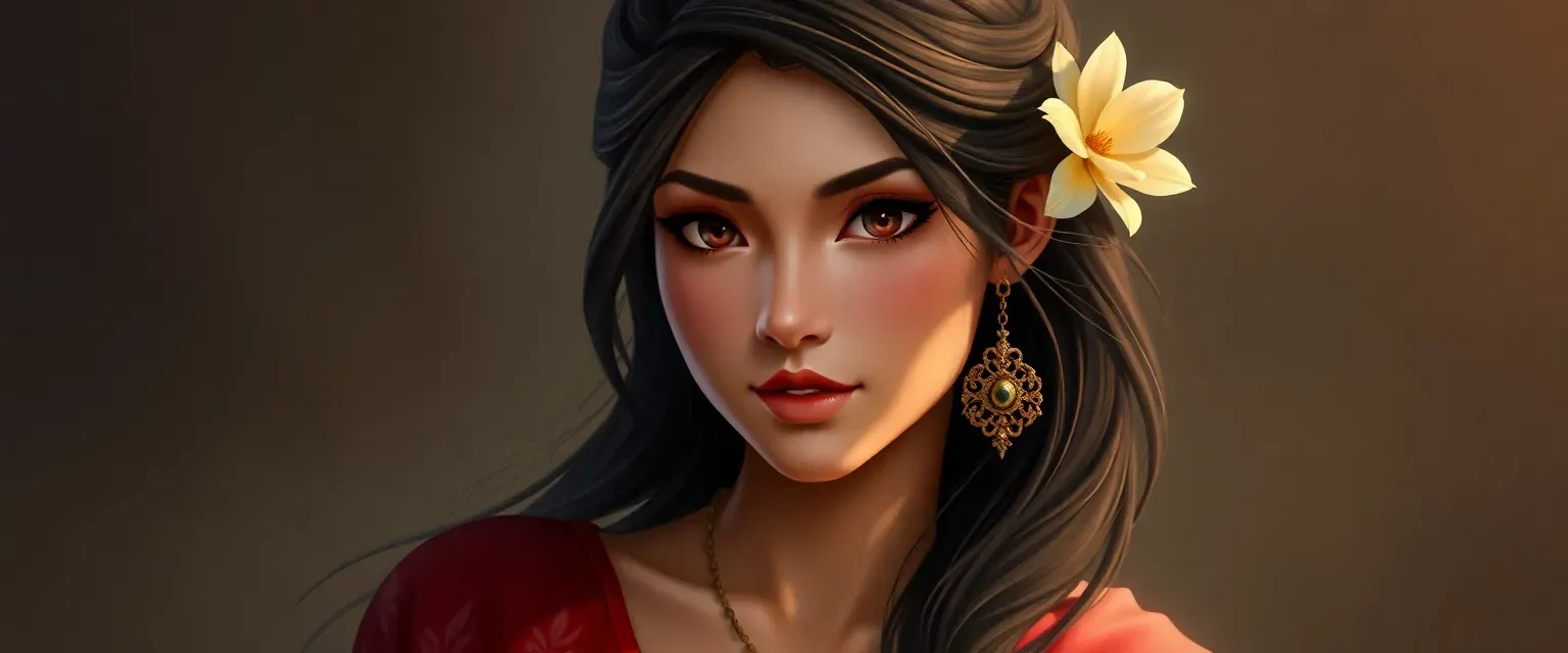 Eastern beauty, 25, with almond eyes, dark hair, slim waist, curvy hips, and a jasmine flower behind ear.