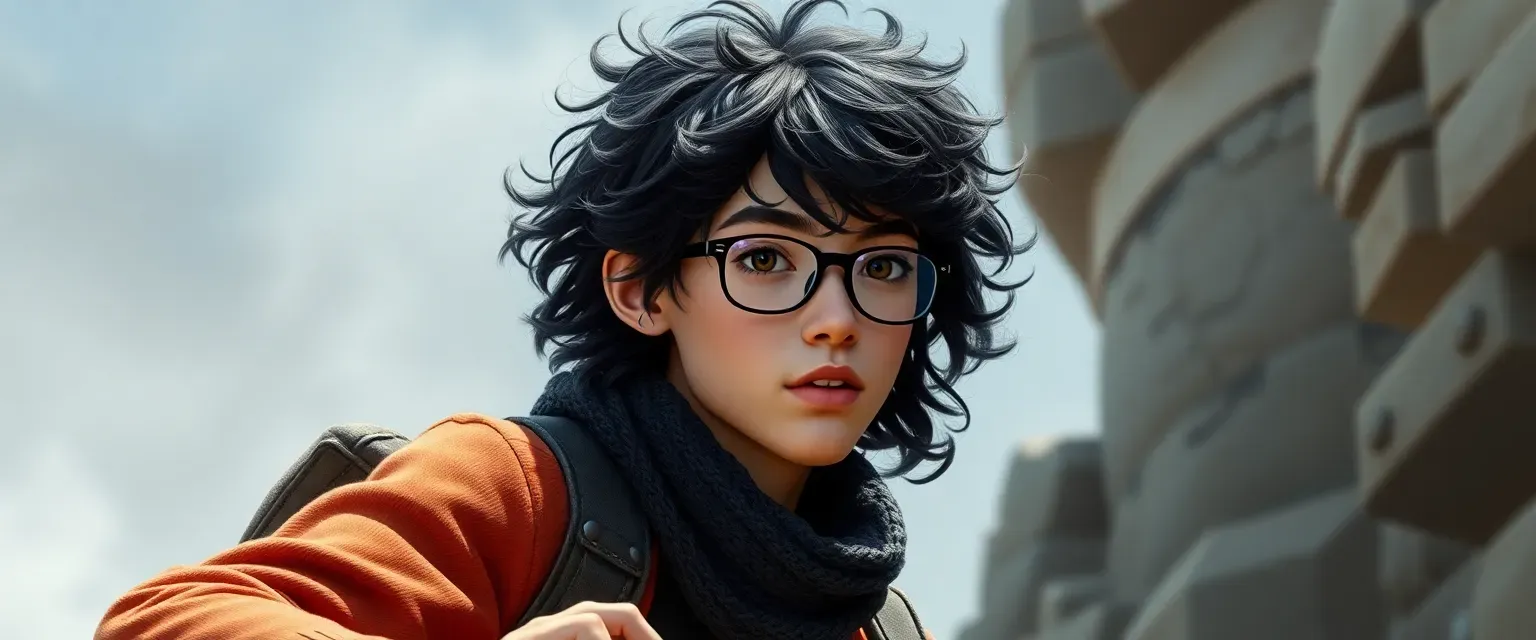 16-year-old boy, 5'5'', lean and lanky, emo punk rock style, long curly black hair, dark brown eyes, often wears glasses and knitted accessories.