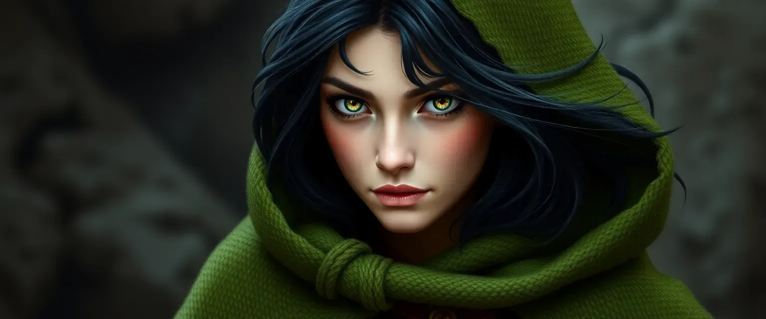 Young dhampir woman with dark hair and green eyes, wearing a moss-green cloak and leather boots.