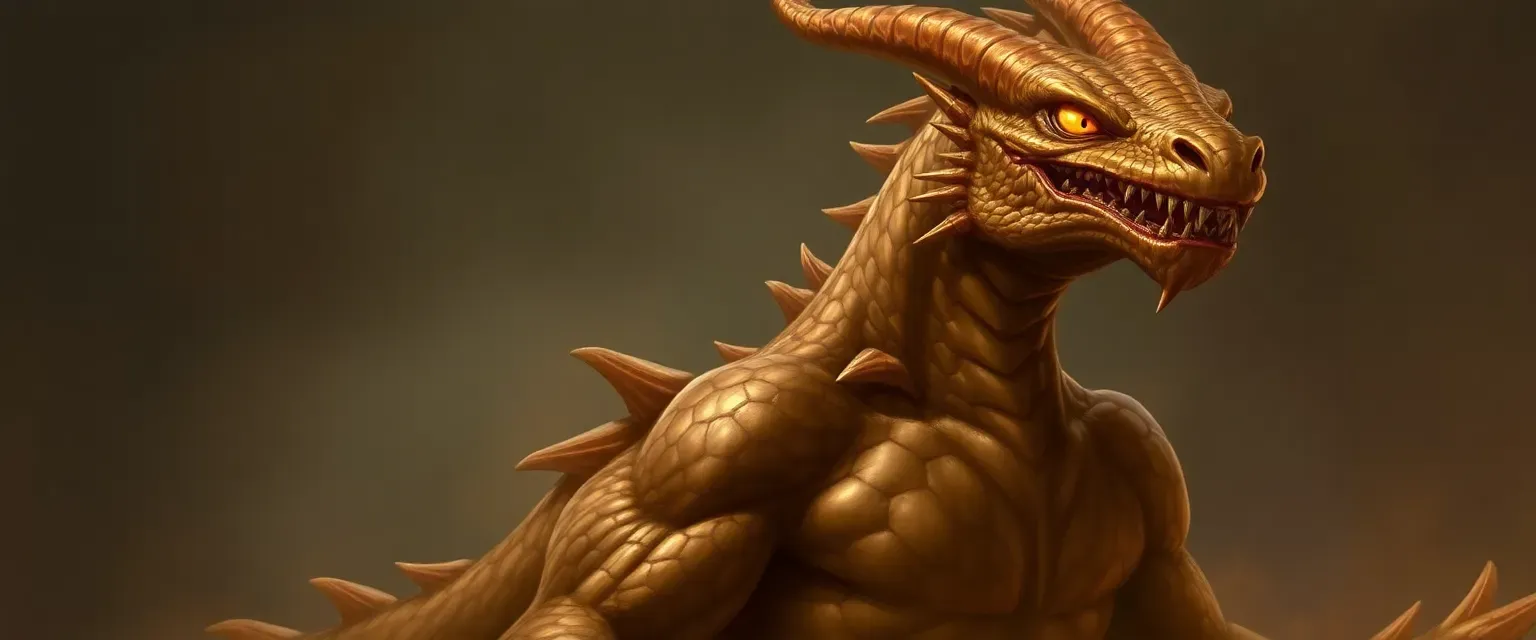 Bronze-scaled dragonborn, towering and muscular, with deep gold eyes and a warm metallic glow.