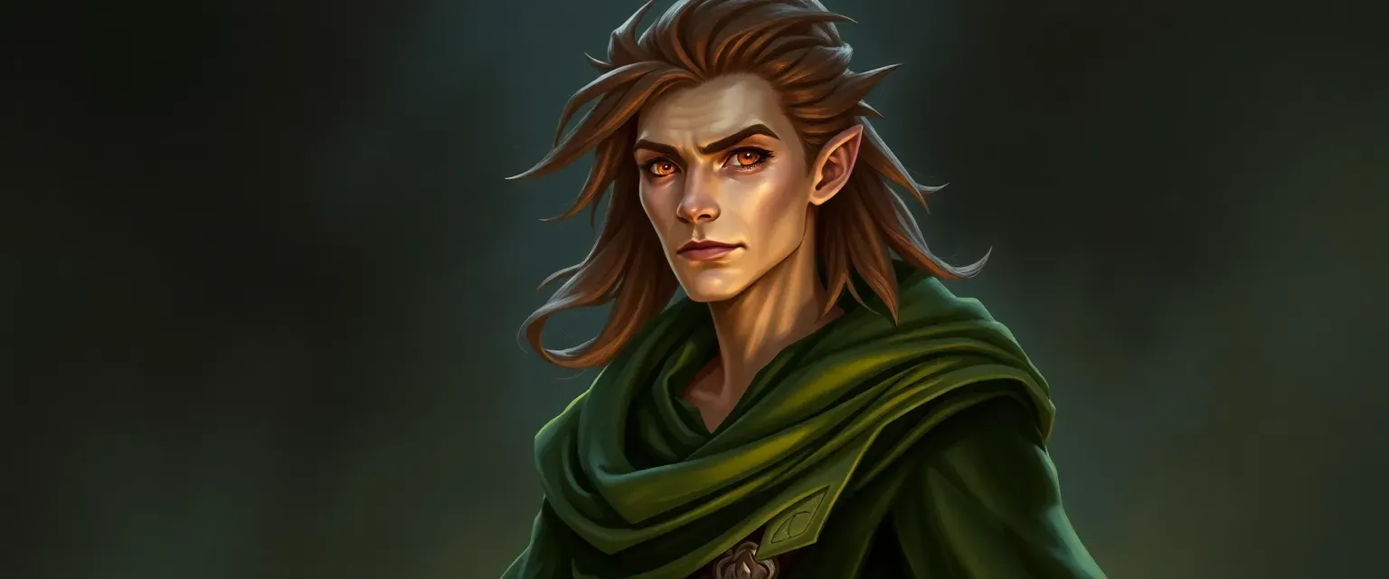 Tall, lean sorcerer with metallic-hued skin and amber eyes, wearing nature-themed robes.