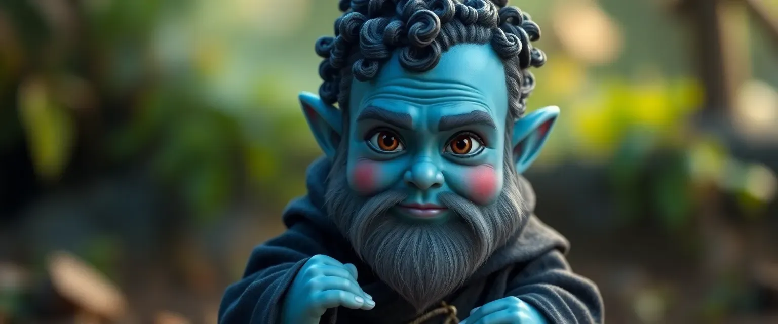 Blue-skinned gnome, 3'9", brown eyes, black curly hair, wearing a black robe.