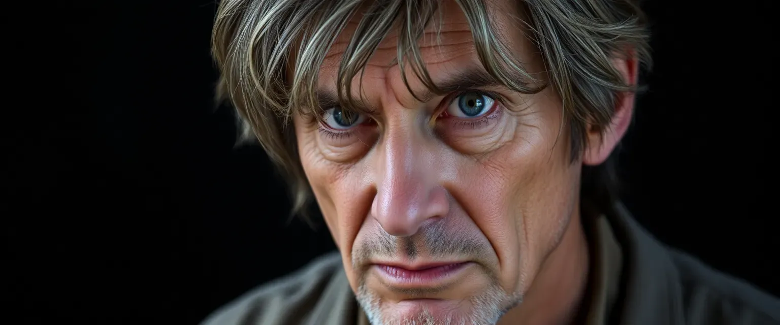 A man in his late forties with gray-streaked brown hair, wearing simple clothes, haunted eyes reflecting deep guilt.