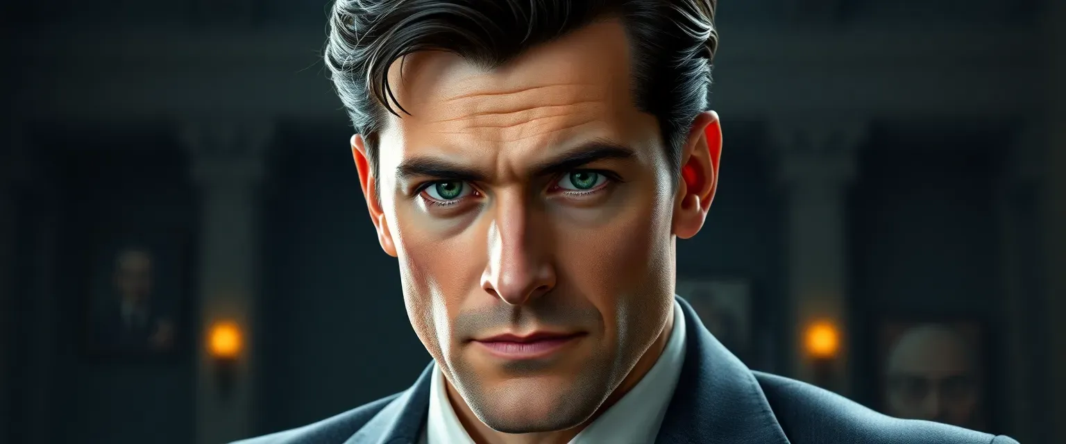 A 42-year-old Italian man with tailored suits, dark hair, piercing green eyes, and a small scar on his left ear.