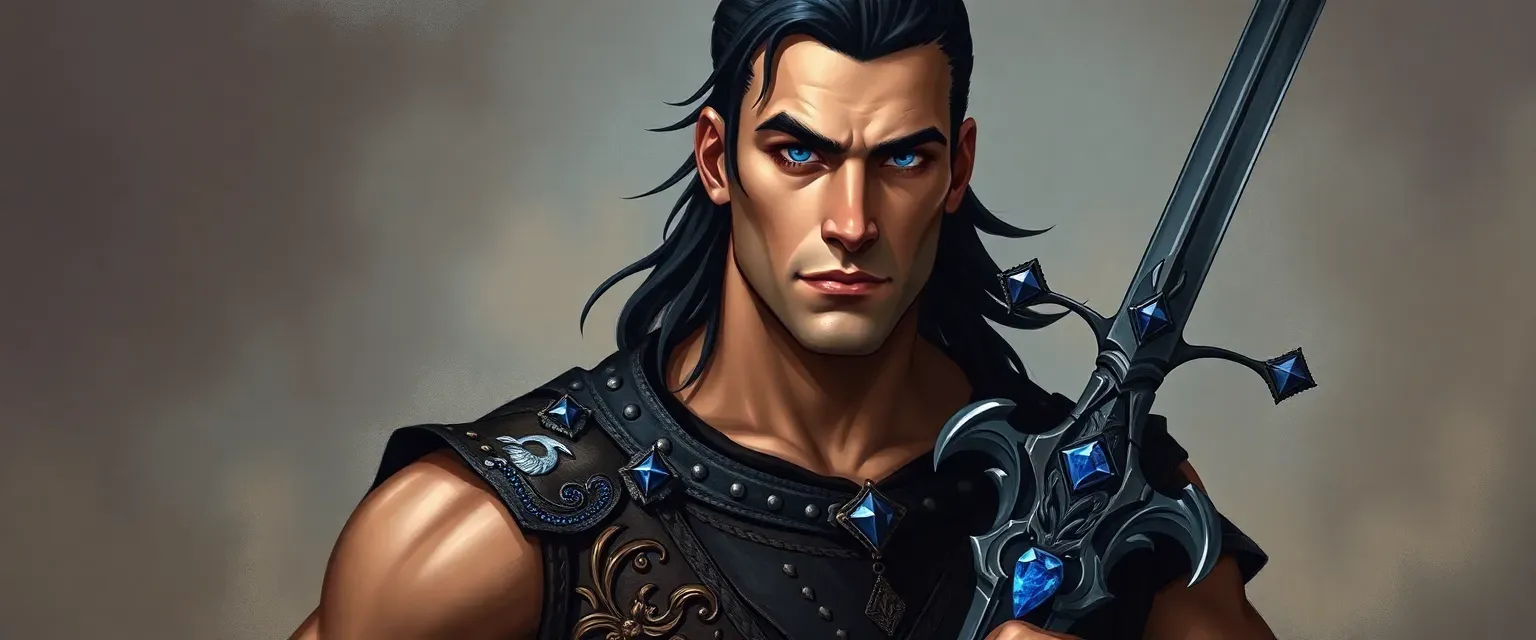 Tall, muscular man in his mid-thirties with jet-black hair and piercing blue eyes, wearing a leather tunic with sea-themed embroidery and a sapphire-encrusted sword.