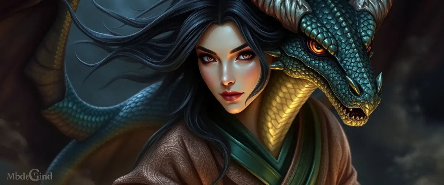 Mysterious female dragon entity with shimmering scales, flowing dark hair with silver streaks, and deep obsidian eyes, wearing a mood-shifting robe.