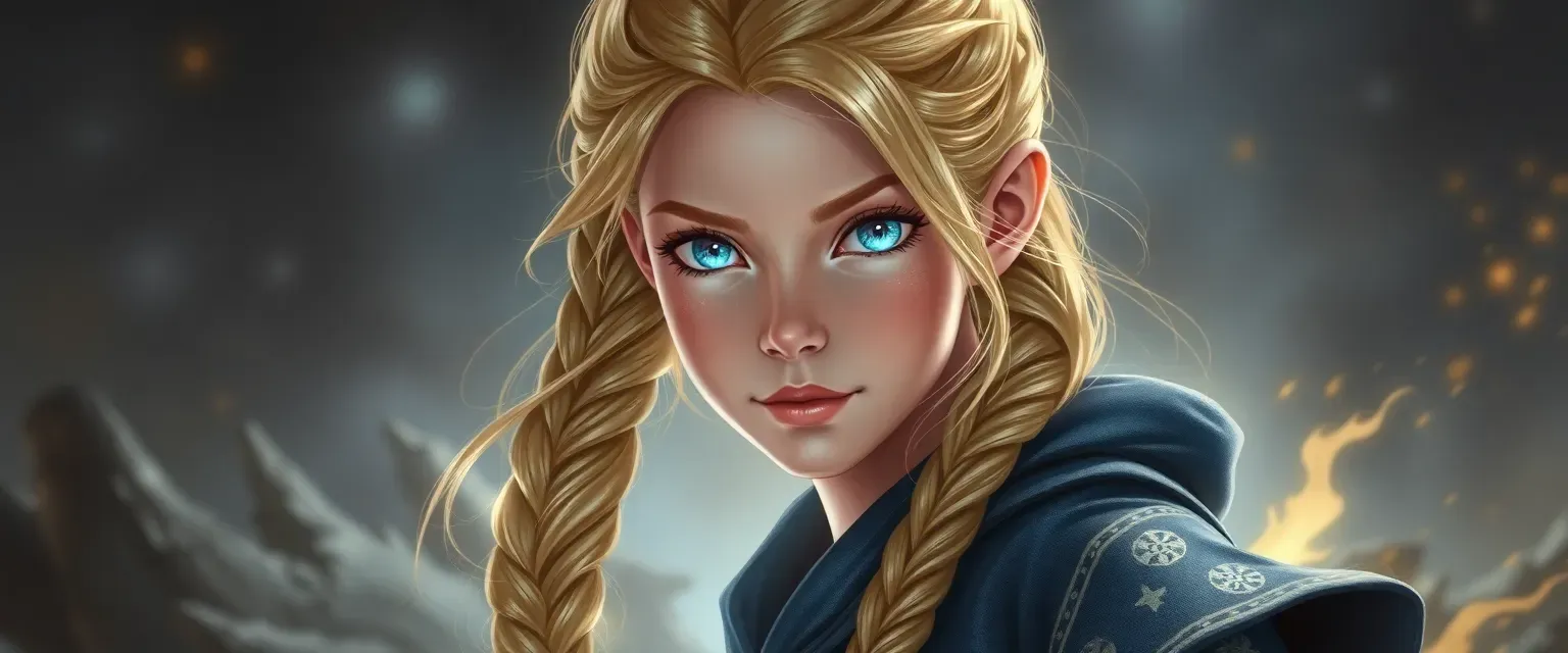 13-year-old Aasimar girl with glowing skin, silver eyes, golden hair in a braid, wearing cult robes with creation symbols.