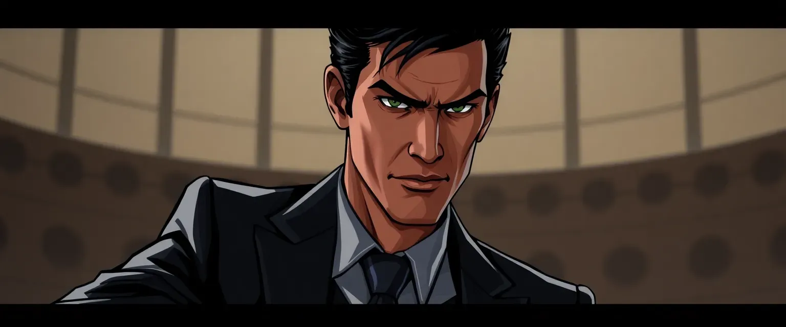 Early 30s, sharp-eyed, dark hair, tailored suit, enigmatic charm, slight head tilt when thinking.