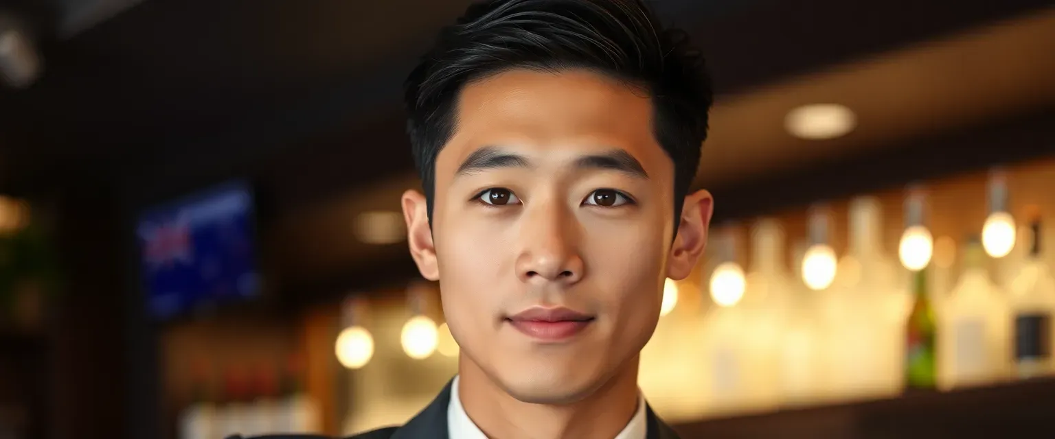 Late 20s Asian man, lean muscular build, short black hair, sharp eyes, professional suit or casual bartender uniform.