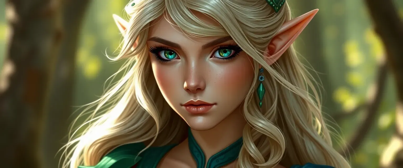 Half-elf princess with silver-gold hair and emerald eyes, wearing elegant forest green and royal blue gowns.