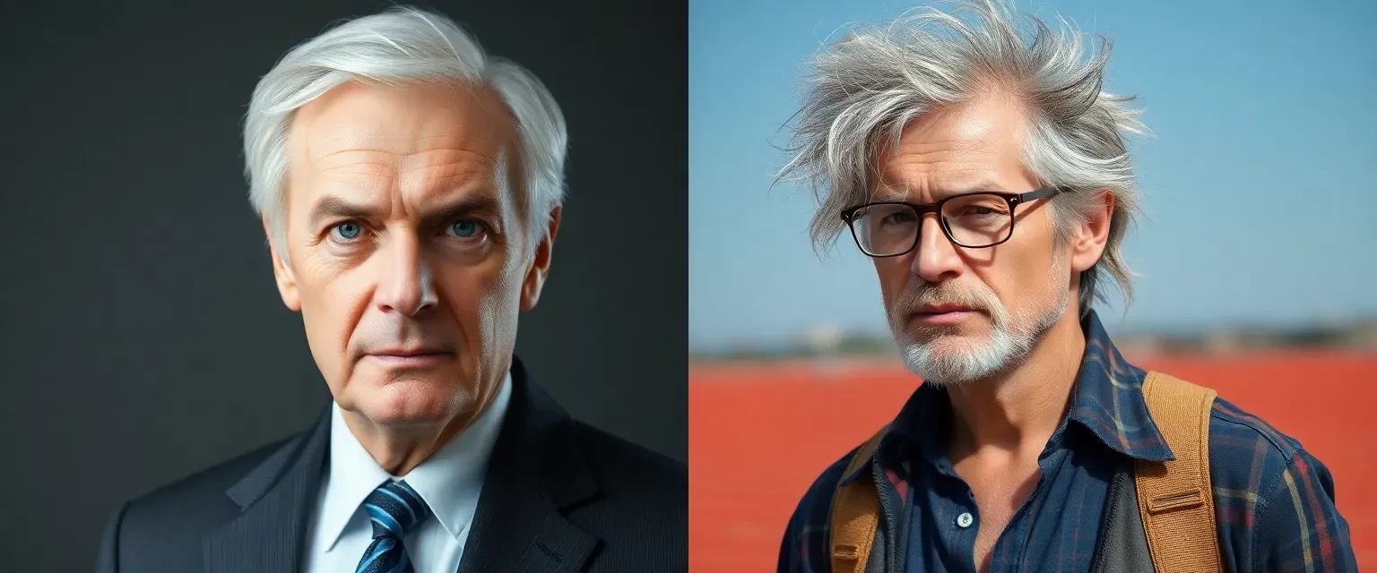 Elderly man with silver hair and sharp eyes in a suit; younger man with wild gray hair in casual attire.
