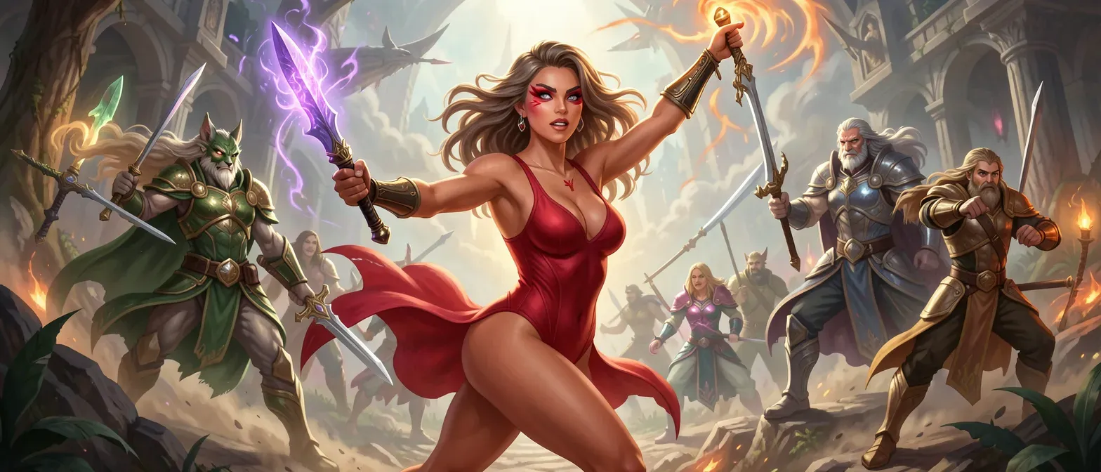 Beautiful 28-year-old Aasimar sorcerer with slightly tanned skin, dirty blond wavy hair, grey eyes with red winged makeup, curvaceous figure in clinging red swimwear, radiant glow.