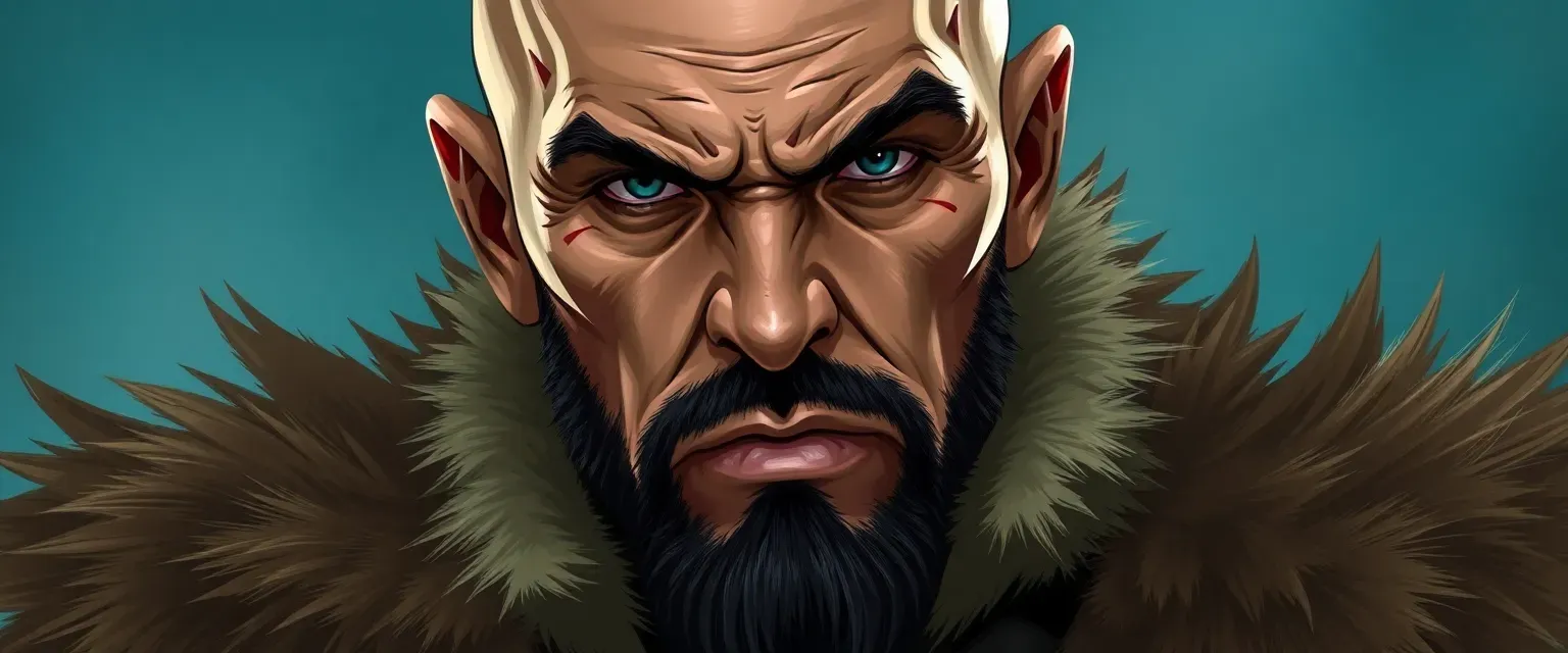 Bald, muscular man with scars, wearing animal furs and leather, exuding silent menace.