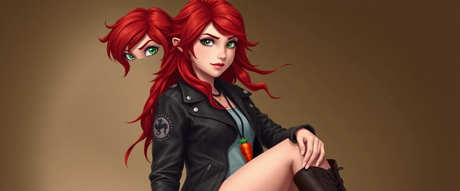 19-year-old Kira with fiery red hair, green eyes, wearing a leather jacket with patches and sturdy boots, twirling a carrot pendant.