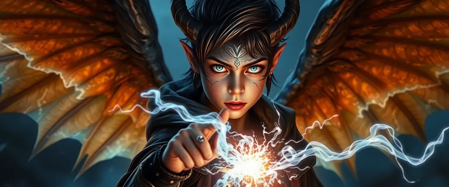 Young Aasimar sorcerer with glowing eyes, metallic skin cracks, and majestic wings, seeking to control his storm sorcery.