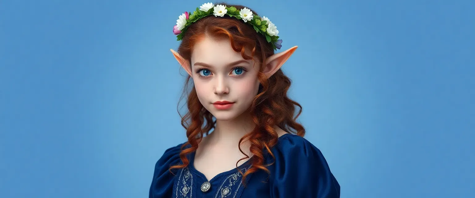 16-18 year old girl with red curly hair, dark blue eyes, elf ears, wearing a midnight blue medieval dress, silver sandals, and a floral wreath.