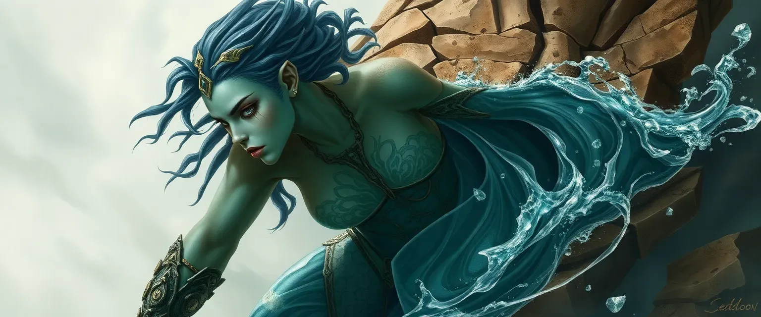 Half-water, half-earth genasi with crystal-filled cracks, missing left arm replaced by swirling water and rocks, early 30s.