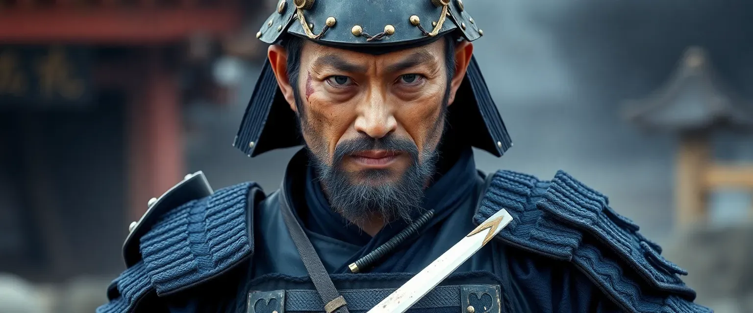 A middle-aged Japanese samurai warrior with weathered features, wearing traditional dark blue armor, twin katanas at his side, and a distinctive scar across his left eye.