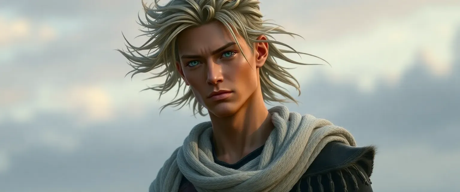 Tall, lean man with sunset-hued skin, dusk-colored eyes, and wind-swept, silver-streaked hair, wearing cloud-thread garments.