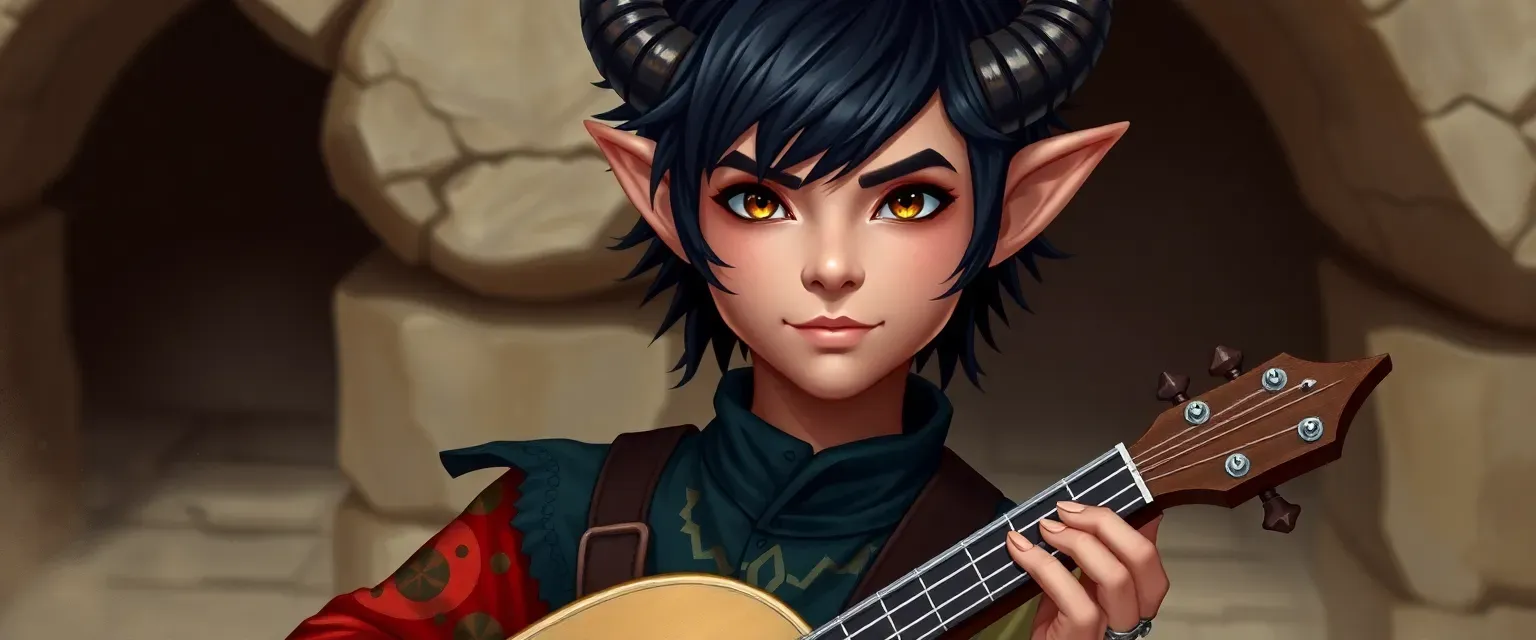 13-year-old tiefling boy with small horns, black hair, amber eyes, wearing a colorful bard's tunic with a lute.